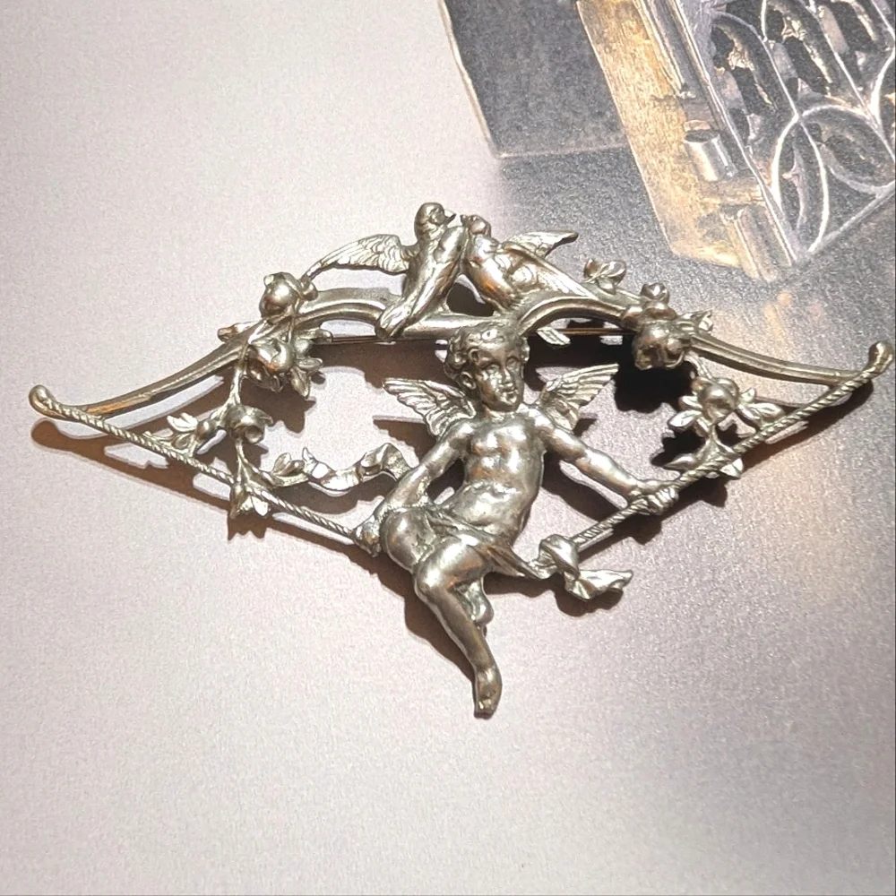 Vintage Large Cherub And Birds Brooch